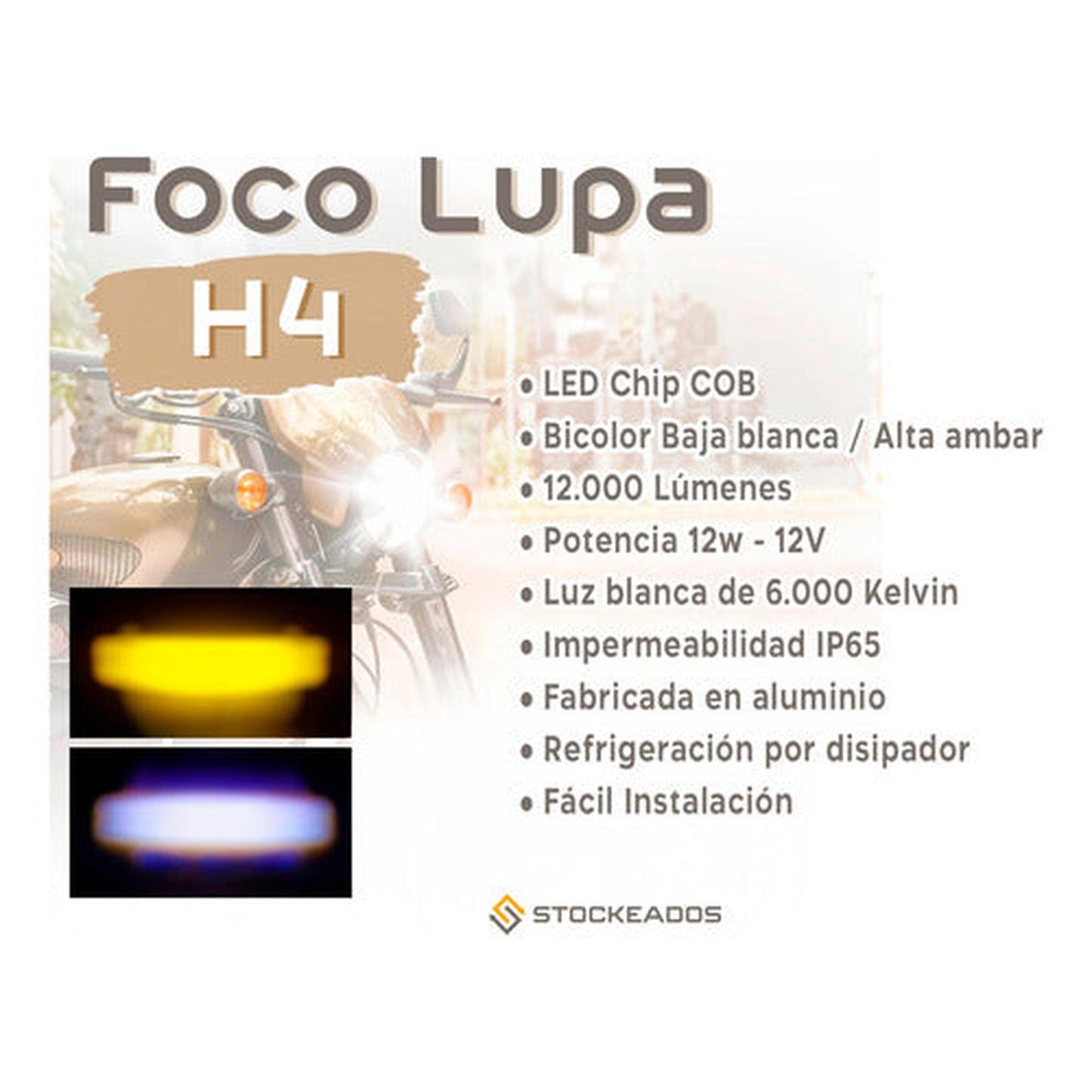Ampolleta Led Foco Lupa H4 12v 12w Luz Alta Baja Blanca Moto