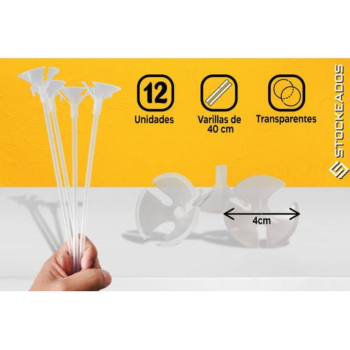 Pack 12 Varillas 40cm Porta Globos Transparentes Con Copa