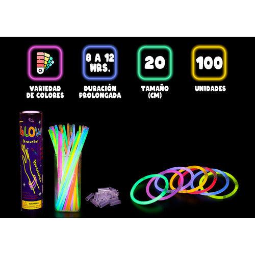 Pack 100 Pulseras Fiesta Fluor Cumpleaños Neón Brillan Oscuridad