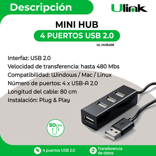 Mini Hub Usb 2.0 4 Puertos Usb Cable Largo De 80cm Ulink