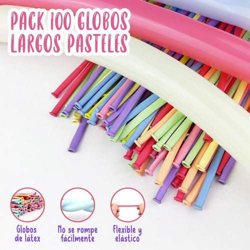 Pack 100 Globos Largos Colores Pasteles Globoflexia Figuras