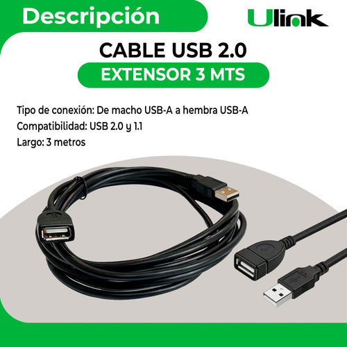 Cable Extensión Usb 2.0 Macho A Hembra 3 Metros Ulink