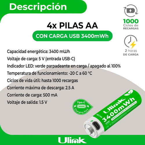 Pack 4 Pilas Aa Recargables Puerto Usb Tipo C