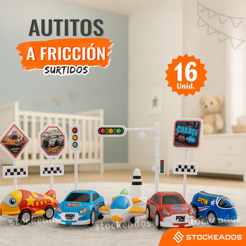 pack 16 autitos y aviones con friccion pull back juguetes sorpresa cumpleaños