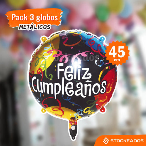Pack 3 Globos Metálicos Feliz Cumpleaños 45 cm – Globos Foil Redondos