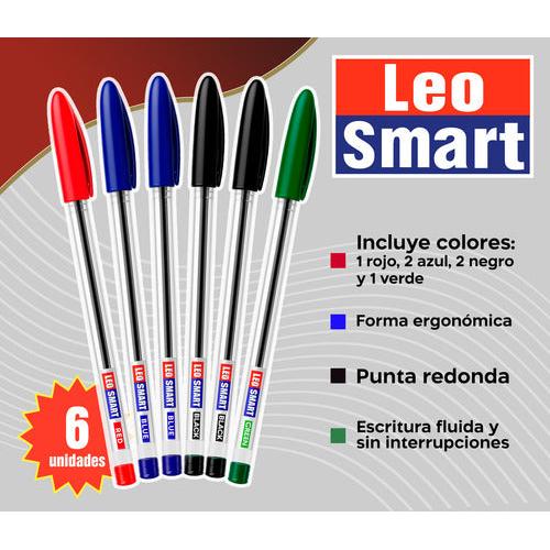 Pack 6 Lápices Pasta Colores Surtidos Leo Smart – Punta Redonda Escritura Suave