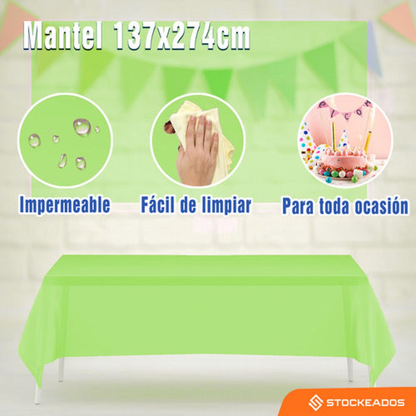 Mantel Plastico 137x274cm Color Verde Lima Para Cumpleaños