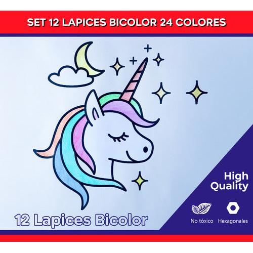 Set 12 Lápices Bicolor 24 Colores Hexagonales Doble Punta