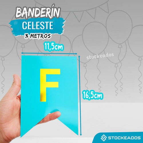 Guirnalda Banderin Feliz Cumpleaños Color Celeste Con Dorado