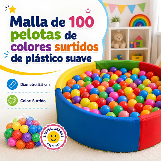 Malla con 100 pelotas de plástico suave para piscina infantil