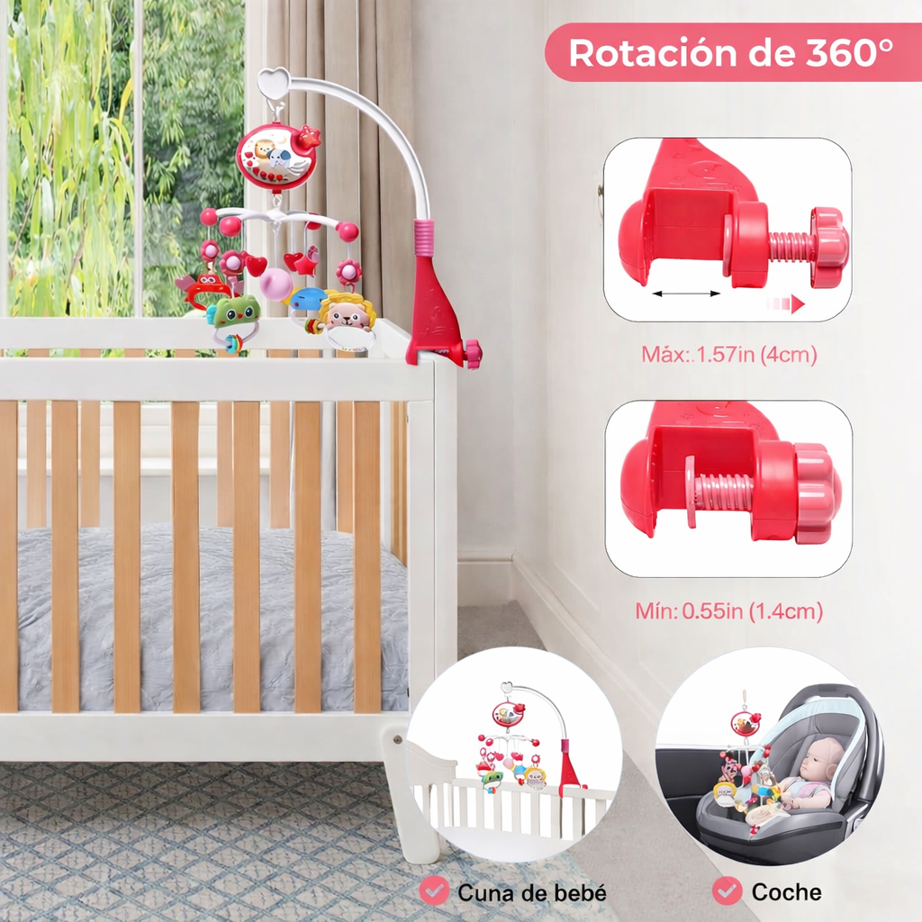 Móvil Bebé Musical Y Proyector De Luces 360 Para Cuna Rosado