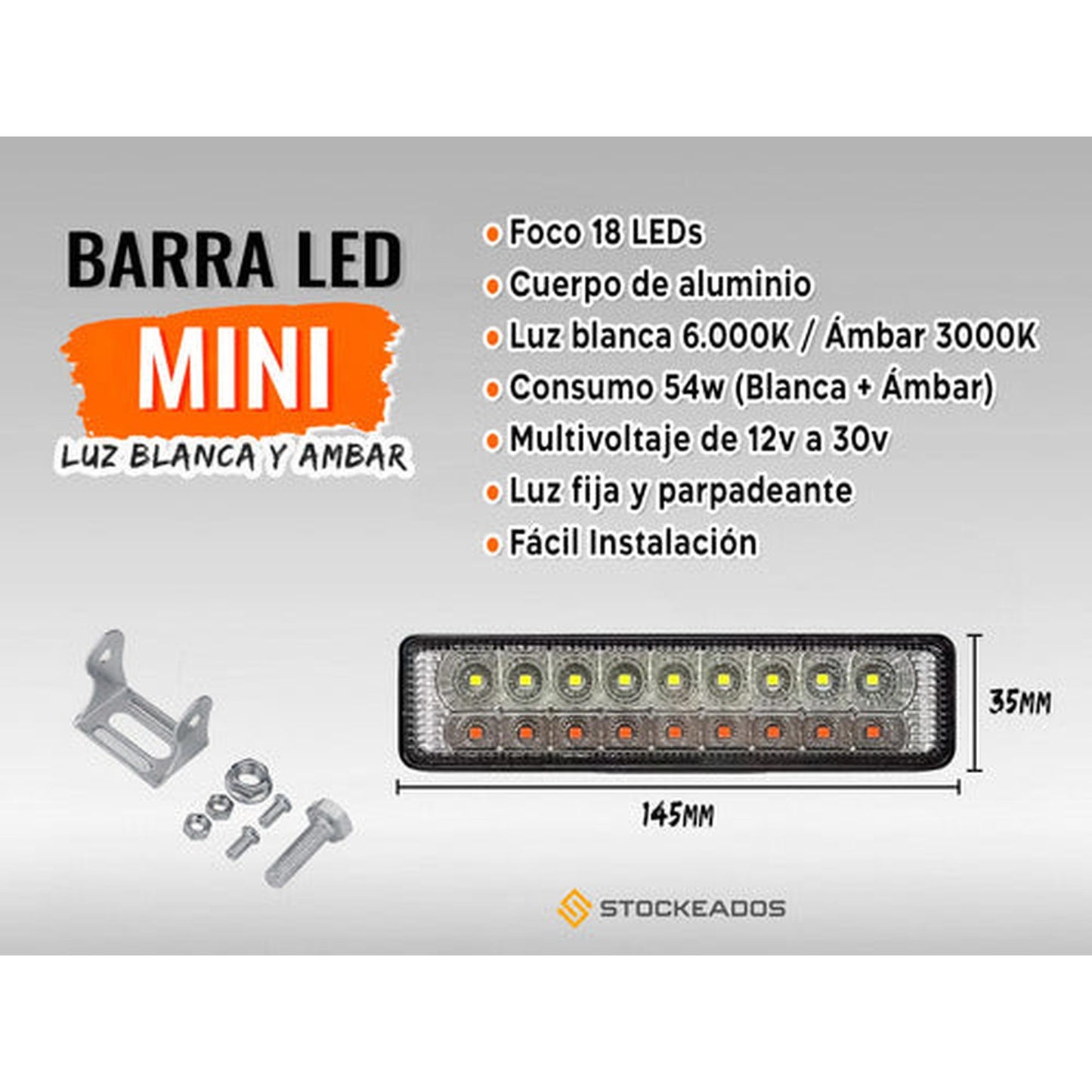 Luz Faro Barra Foco Neblinero 18 Led Blanco Ambar Auto 4x4