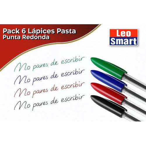 Pack 6 Lápices Pasta Colores Surtidos Leo Smart – Punta Redonda Escritura Suave