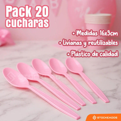 Pack 20 Cucharas Plásticas Color Rosado Cumpleaños