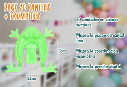 Pack 20 Ranita Saltarina + Trompitos Sorpresa Cumpleaños