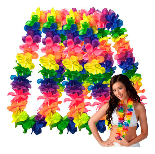 Pack 6 Unidades Collares Hawaianos Flores Fluor Fiestas