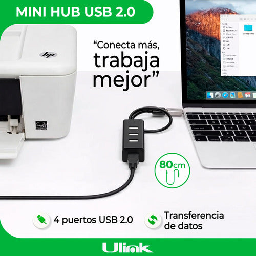 Mini Hub Usb 2.0 4 Puertos Usb Cable Largo De 80cm Ulink