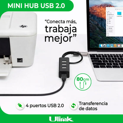 Mini Hub Usb 2.0 4 Puertos Usb Cable Largo De 80cm Ulink