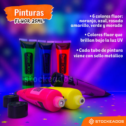 Pack 6 Pintura Fluor Fiesta Neon Pinta Cara Cuerpo 25ml
