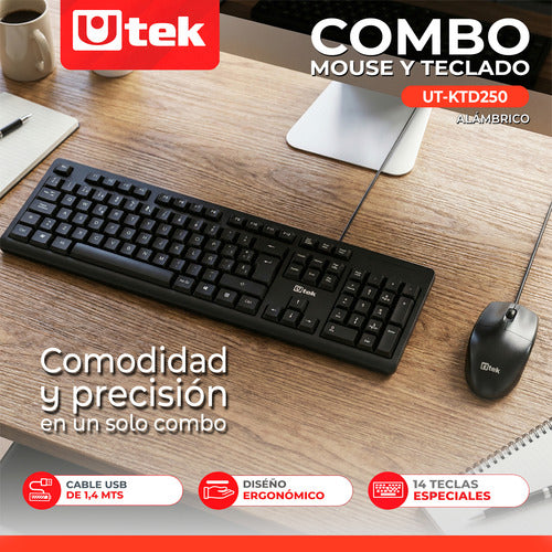 Kit De Teclado Y Mouse Alámbrico Utek Ut-ktd250 Cable Usb