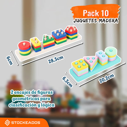 Pack 10 Juguetes Didácticos De Madera Para Niños Montessori