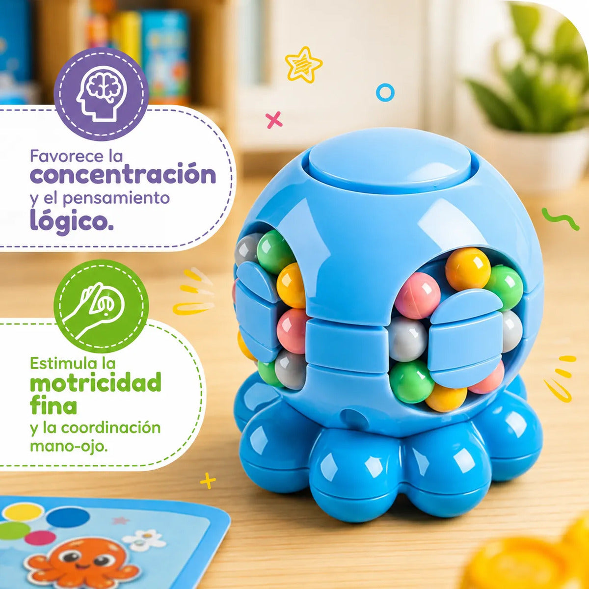 Juguete Sensorial Pulpo Puzzle Giratorio con Bolitas Antiestrés
