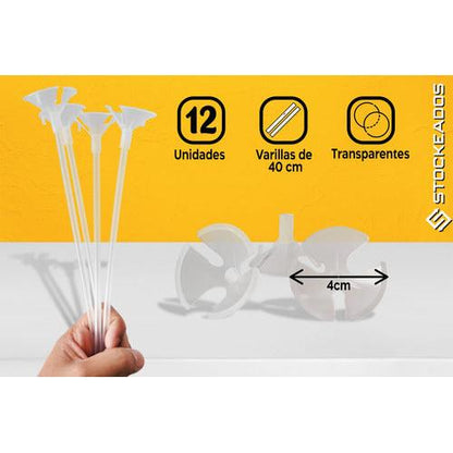 Pack 12 Varillas 40cm Porta Globos Transparentes Con Copa
