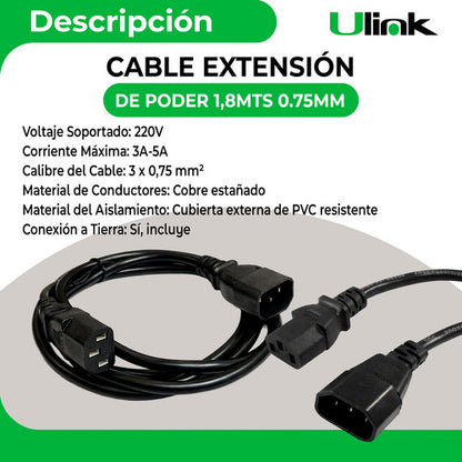 Cable De Poder Cable Extensor De Poder 1,8 Metros Ulink