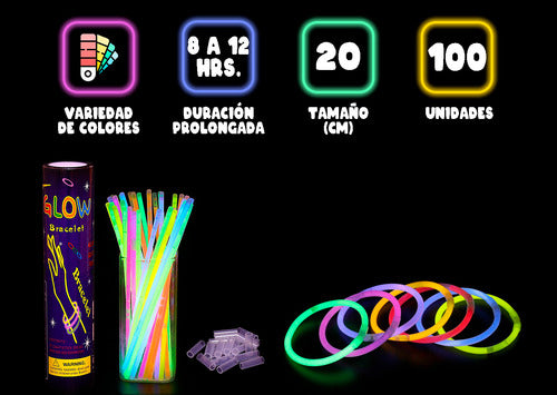 100 Pulseras Fiesta Fluor Cumpleaños Neón Brillan Oscuridad