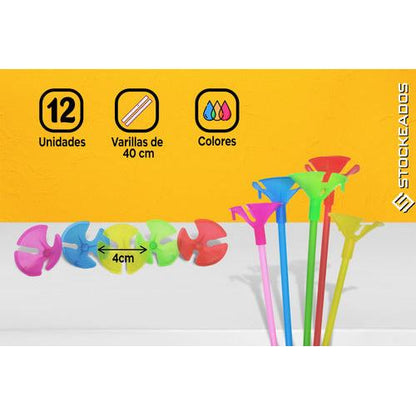 Pack 12 Varillas 40cm Porta Globos Multi Colores Con Copa