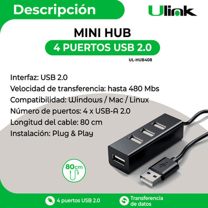 Mini Hub Usb 2.0 4 Puertos Usb Cable Largo De 80cm Ulink