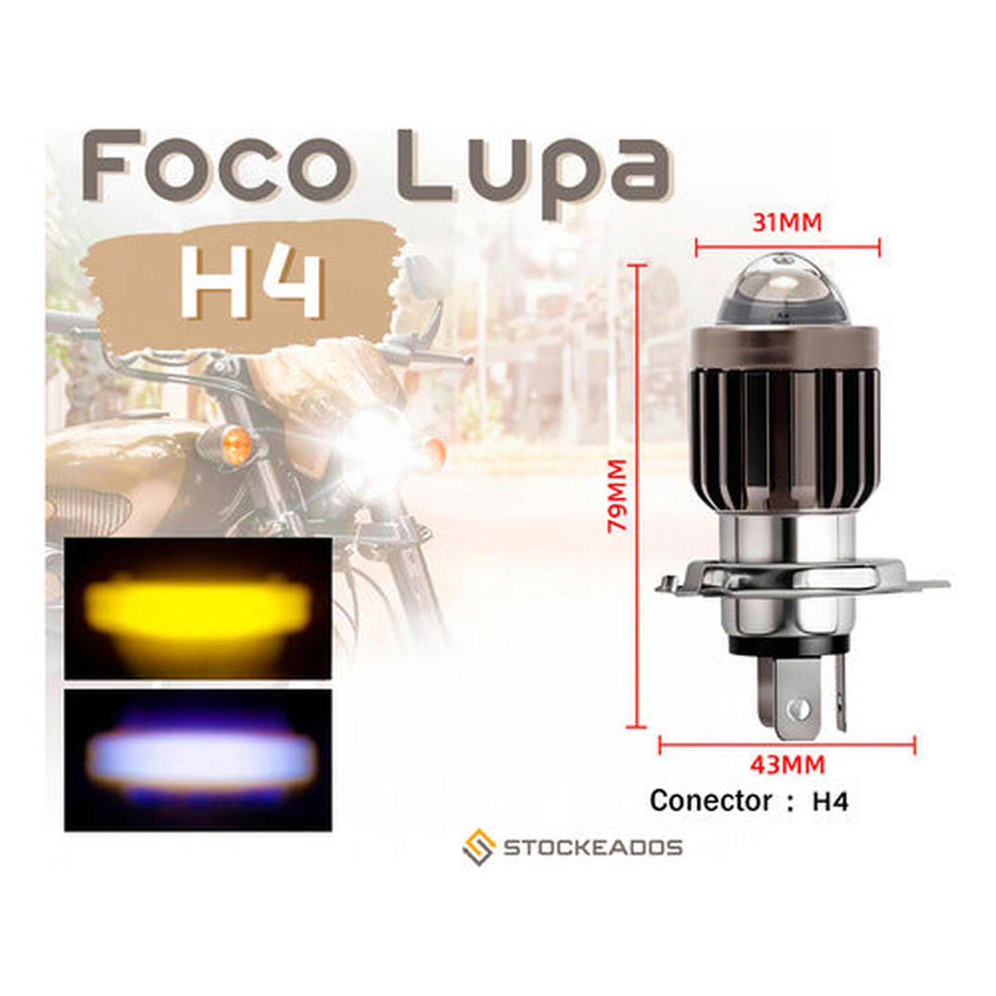 Ampolleta Led Foco Lupa H4 12v 12w Luz Alta Baja Blanca Moto