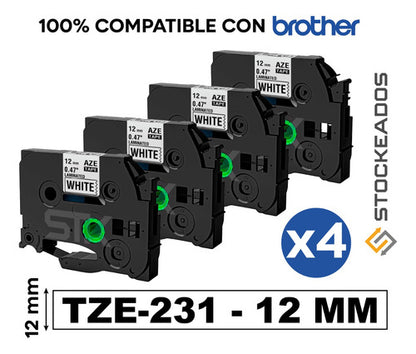 Pack 4 Cintas Tze-231 Alternativas 12mmx8mts Para Brother