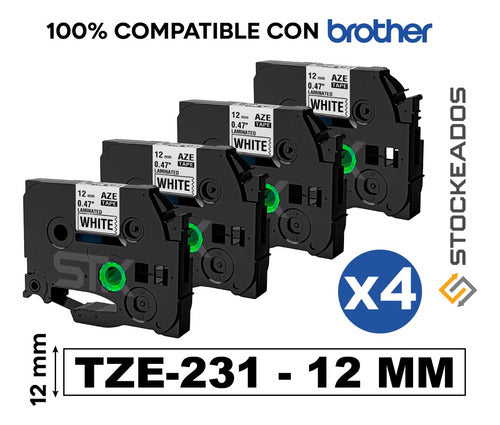 Pack 4 Cintas Tze-231 Alternativas 12mmx8mts Para Brother