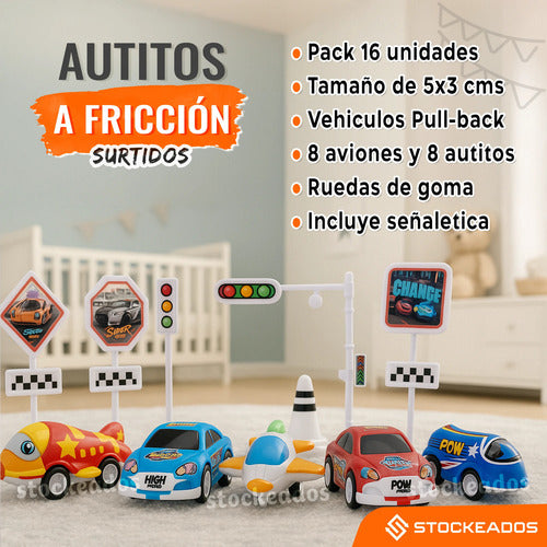 pack 16 autitos y aviones con friccion pull back juguetes sorpresa cumpleaños