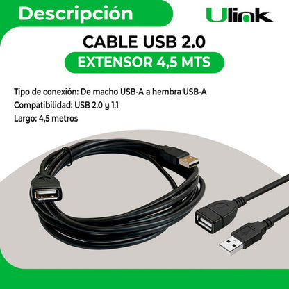 Cable Extensión Usb 2.0 Macho A Hembra 4.5m Ulink Negro