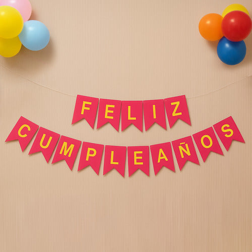 Guirnalda Banderin Feliz Cumpleaños Color Fucsia Con Dorado
