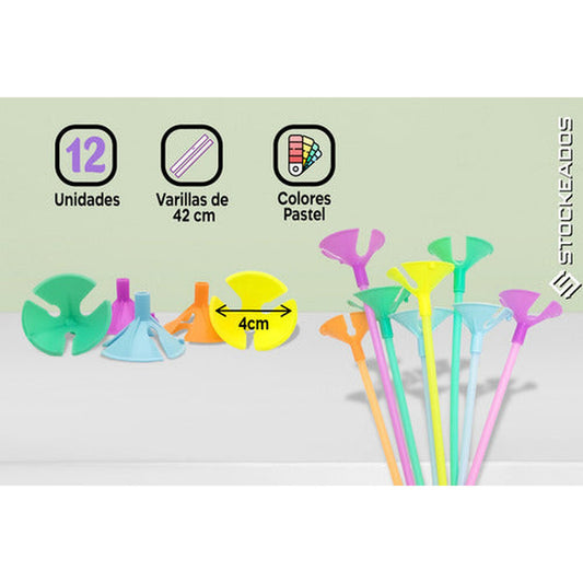 Pack 12 Varillas 42cm Porta Globos Multicolor Pastel Macaron