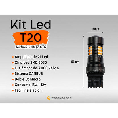Pack 2 Ampolletas Led T20 Canbus 7443 12v Ámbar Marca Kobo