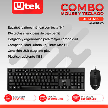 Kit De Teclado Y Mouse Alámbrico Utek Ut-ktd250 Cable Usb