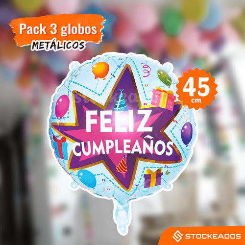 Pack 3 Globos Metálicos Feliz Cumpleaños 45 cm – Globos Foil Redondos