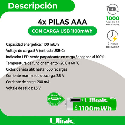 Pack 4 Pilas Aaa Recargables Puerto Usb Tipo C