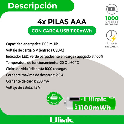 Pack 4 Pilas Aaa Recargables Puerto Usb Tipo C