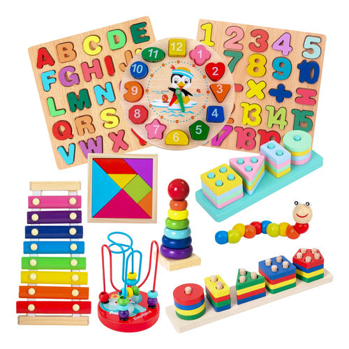 Pack 10 Juguetes Didácticos De Madera Para Niños Montessori