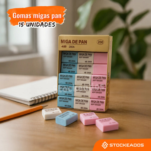 Pack 15 Gomas de Borrar Miga de Pan Colores Surtidos – Escolares y Oficina