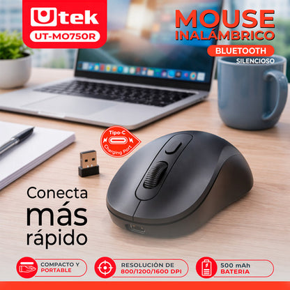 Ratón Mouse Inalámbrico Usb C Bluetooth Utek Ut-mo750r