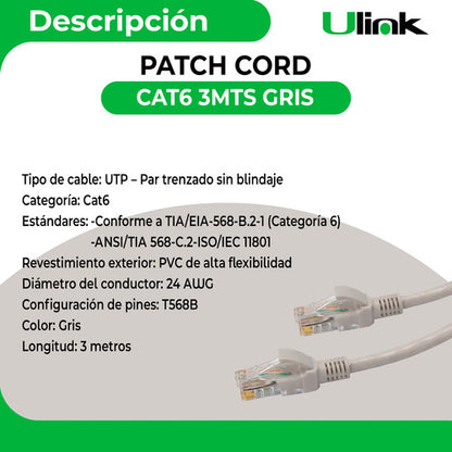 Patch Cord Cat6 3 Mts Gris
