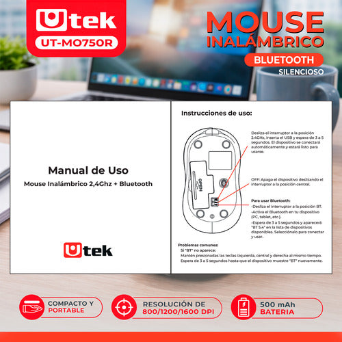 Ratón Mouse Inalámbrico Usb C Bluetooth Utek Ut-mo750r