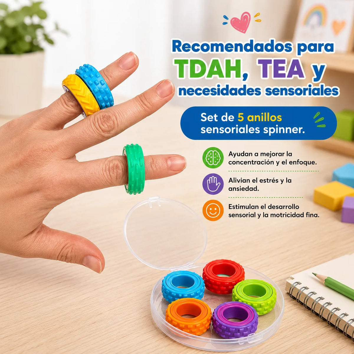 Set 5 Anillos Sensoriales Spinner Antiestres Tdah Surtido