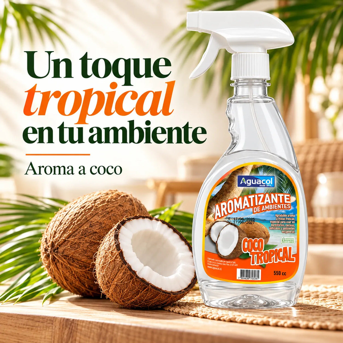 Aromatizante De Auto Ambientes Aguacol Coco Tropical 550cc Naranja Coco Tropical